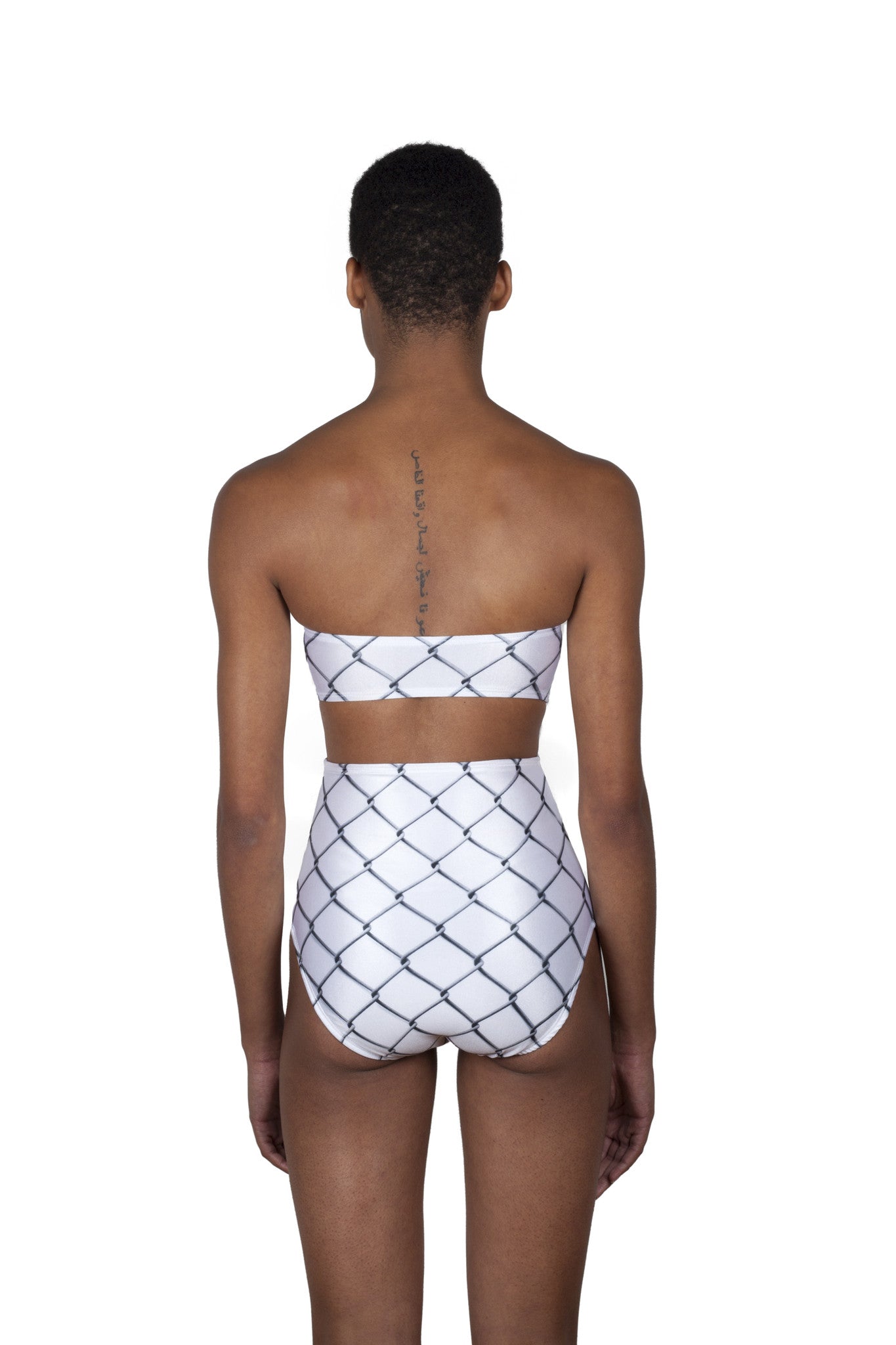 Chain print white bikini, high-waist bottoms and strapless top